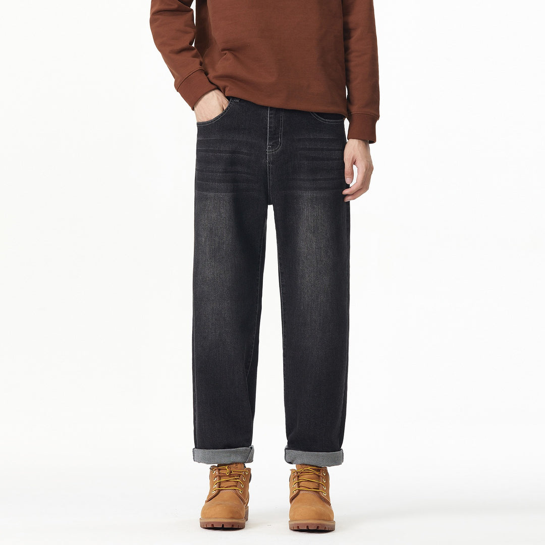 Herren Weite gerade geschnittene Denim-Jeans mit Used‑Wash und Umschlagbund Nord Taschen