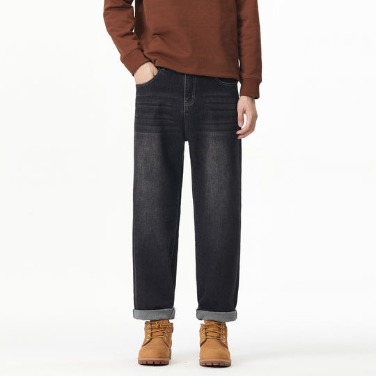 Herren Weite gerade geschnittene Denim-Jeans mit Used‑Wash und Umschlagbund Nord Taschen