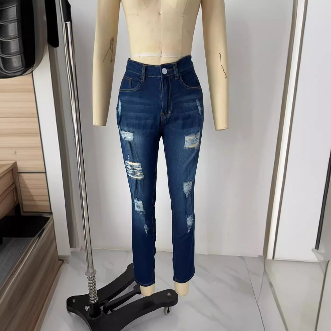 Damen hochgeschnittene Skinny-Jeans mit Destroyed-Details und umgeschlagenem Knöchelabschluss Nord Taschen