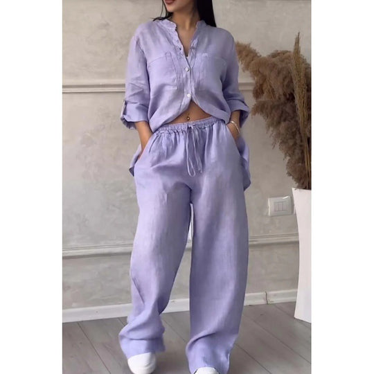 Damen Weite Leinenmix-Hose mit hohem Elastikbund, Kordelzug und Palazzo-Silhouette Nord Taschen