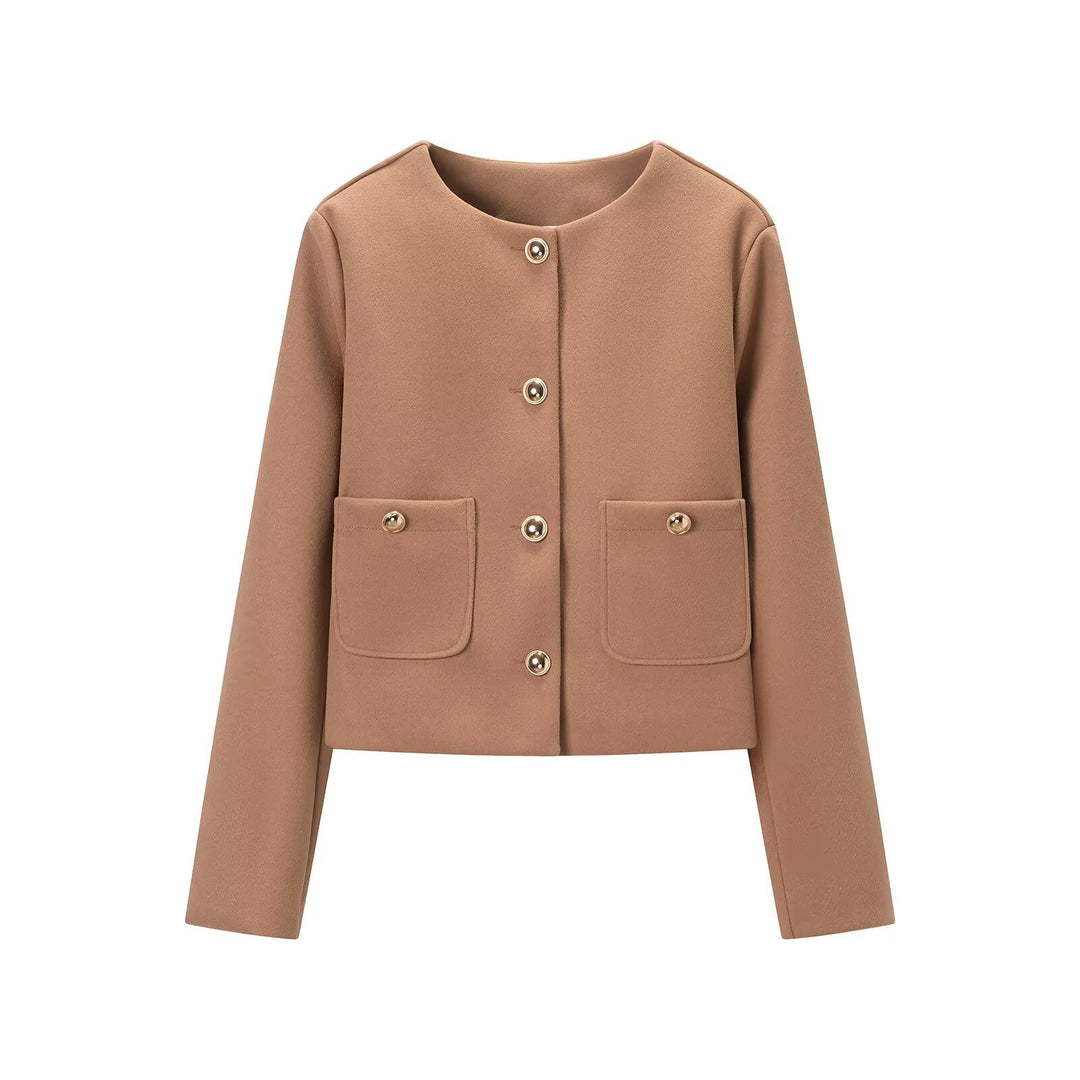 Damen Cropped Wollmix-Jacke mit Rundhalsausschnitt, aufgesetzten Taschen und goldfarbenen Zierknöpfen Nord Taschen