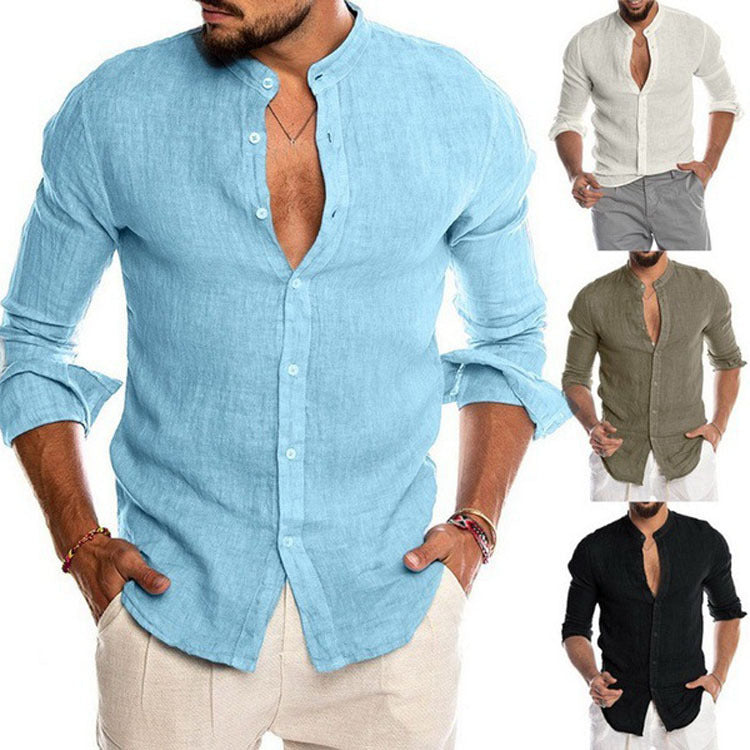 Herren nan Leinenhemd mit Stehkragen, durchgehender Knopfleiste und legerer Slim-Fit-Passform