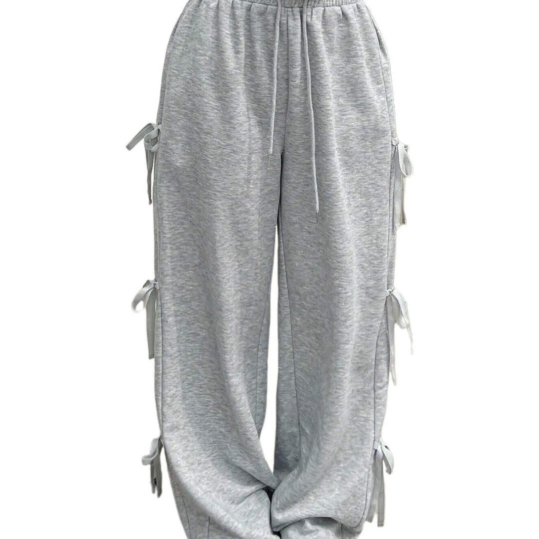 Damen lockere Wide‑Leg Loungehose mit elastischem Bund, Kordelzug und seitlichen Zierschleifen Nord Taschen