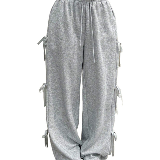 Damen lockere Wide‑Leg Loungehose mit elastischem Bund, Kordelzug und seitlichen Zierschleifen Nord Taschen