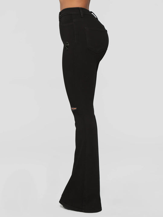 Damen High‑Waist Flared‑Jeans mit Knie‑Rissen und sculptendem Stretchbund Nord Taschen