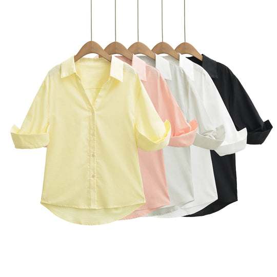 Damen Leichte Oversize Leinenoptik-Bluse mit Kentkragen und krempelbaren Ärmeln Nord Taschen