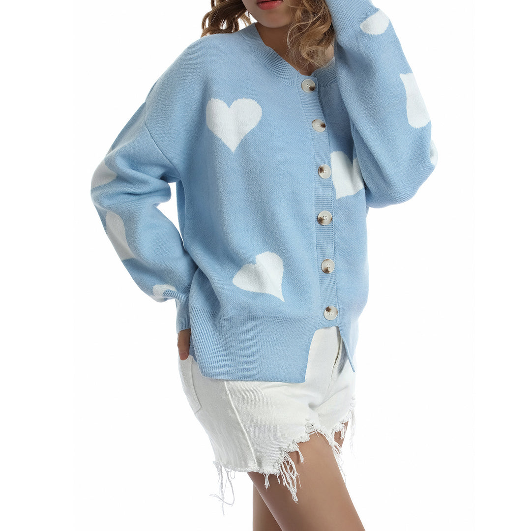 Damen Geknöpfter Oversize-Strickcardigan mit Herz-Jacquard und Perlmuttknöpfen Nord Taschen