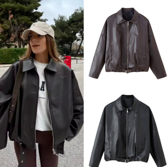 Unisex Oversize Kunstlederjacke mit Reißverschluss Hemdkragen und Taillengürtel Nord Taschen
