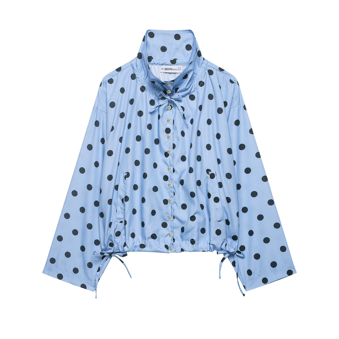 Damen Leichte Bluse im Polka‑Dot‑Design mit Stehkragen, Tunnelzugsaum und Knopfleiste Nord Taschen