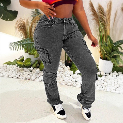 Damen Hochgeschnittene Cargo-Jeans mit mehreren Pattentaschen und ausgefranstem Saum Nord Taschen