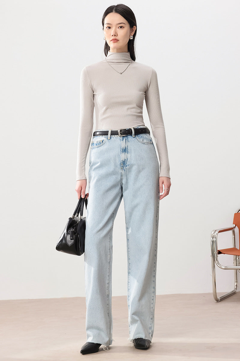 Damen Feines Ripp-Langarmshirt mit Rollkragen und Volantkanten Nord Taschen