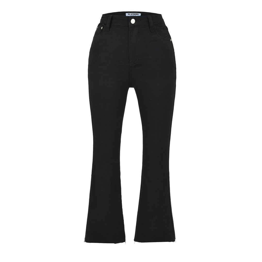 Damen Highwaist-Schlaghose aus Stretch-Denim mit fünf Taschen und rohem Saum Nord Taschen