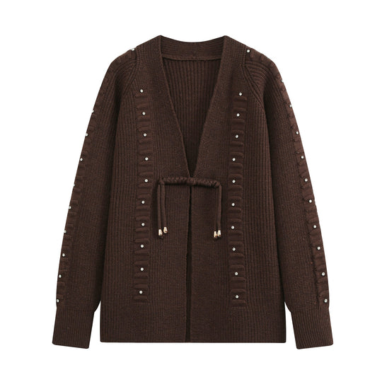Damen Grobstrick-Cardigan mit Tunnelzug und Strassapplikation Nord Taschen
