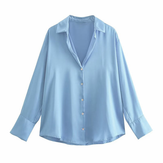 Damen Oversized Satinbluse mit Hemdkragen und breiten Manschetten Nord Taschen