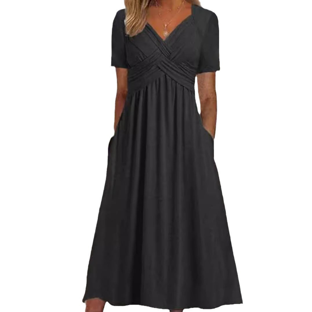 Damen nan luftiges Midikleid mit V-Ausschnitt Wickeloptik Empire-Taille und Taschen