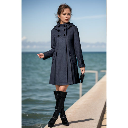 Damen A‑Linien Wollmix‑Mantel mit hoher Kapuze und Doppelknopfleiste Nord Taschen
