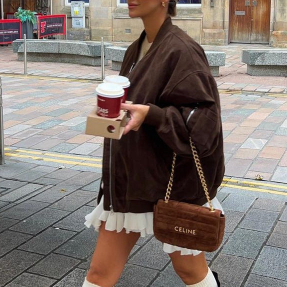 Damen Oversize-Suede-Bomberjacke mit Reißverschluss & gerippten Bündchen Nord Taschen