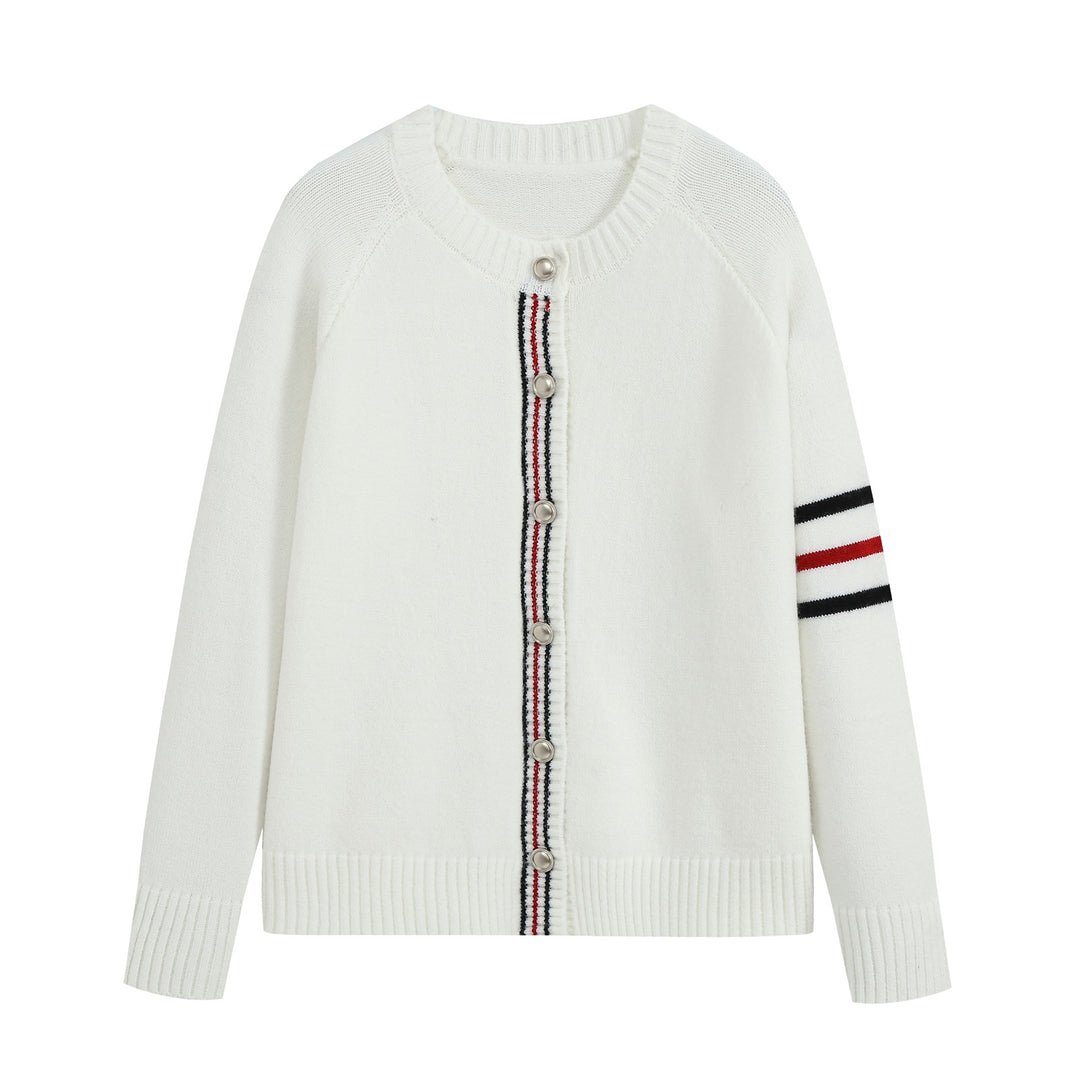 Damen Lässiger Rippstrick‑Cardigan mit Goldknöpfen und sportiven Ärmelstreifen Nord Taschen