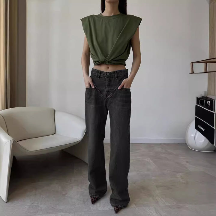 Damen hochgeschnittene weite Denim-Hose mit V-förmiger Bundnaht und extra-langem Bein Nord Taschen