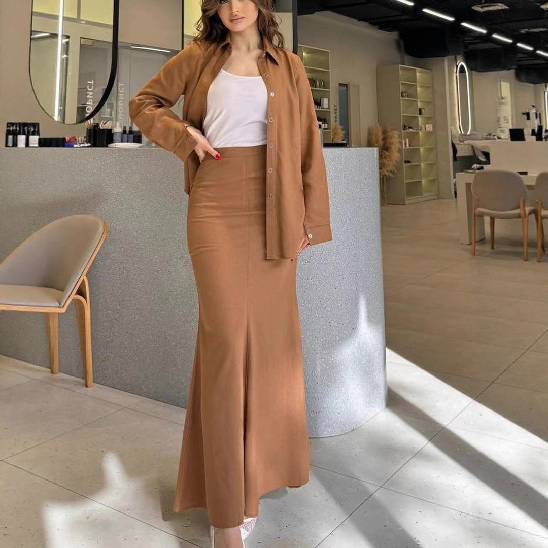 Damen Zweiteiliges Set Schlauchmaxirock mit ausgestelltem Saum und Oversize-Hemd Nord Taschen