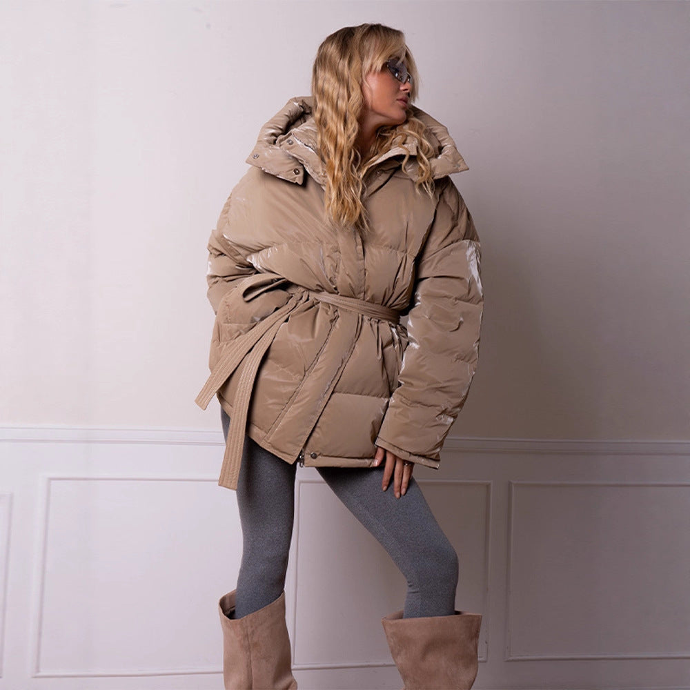 Damen wattierte Kapuzen-Steppjacke mit Taillengürtel Nord Taschen