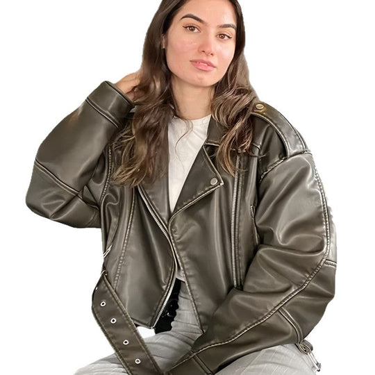 Damen modische Kunstlederjacke im Biker-Stil mit strukturiertem Design - Vittorelli