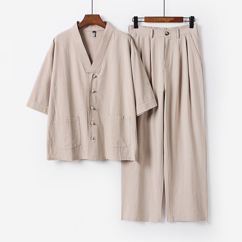 Unisex Zen-inspiriertes Relax-Set mit Kurzarm-Kimono-Oberteil, verdeckter Knopfleiste und elastischer Bundhose Nord Taschen