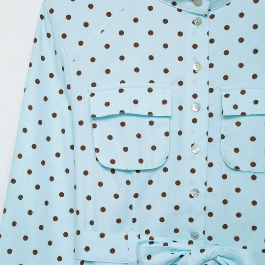 Damen Bluse mit Stehkragen, Bindegürtel und aufgesetzten Brusttaschen Nord Taschen