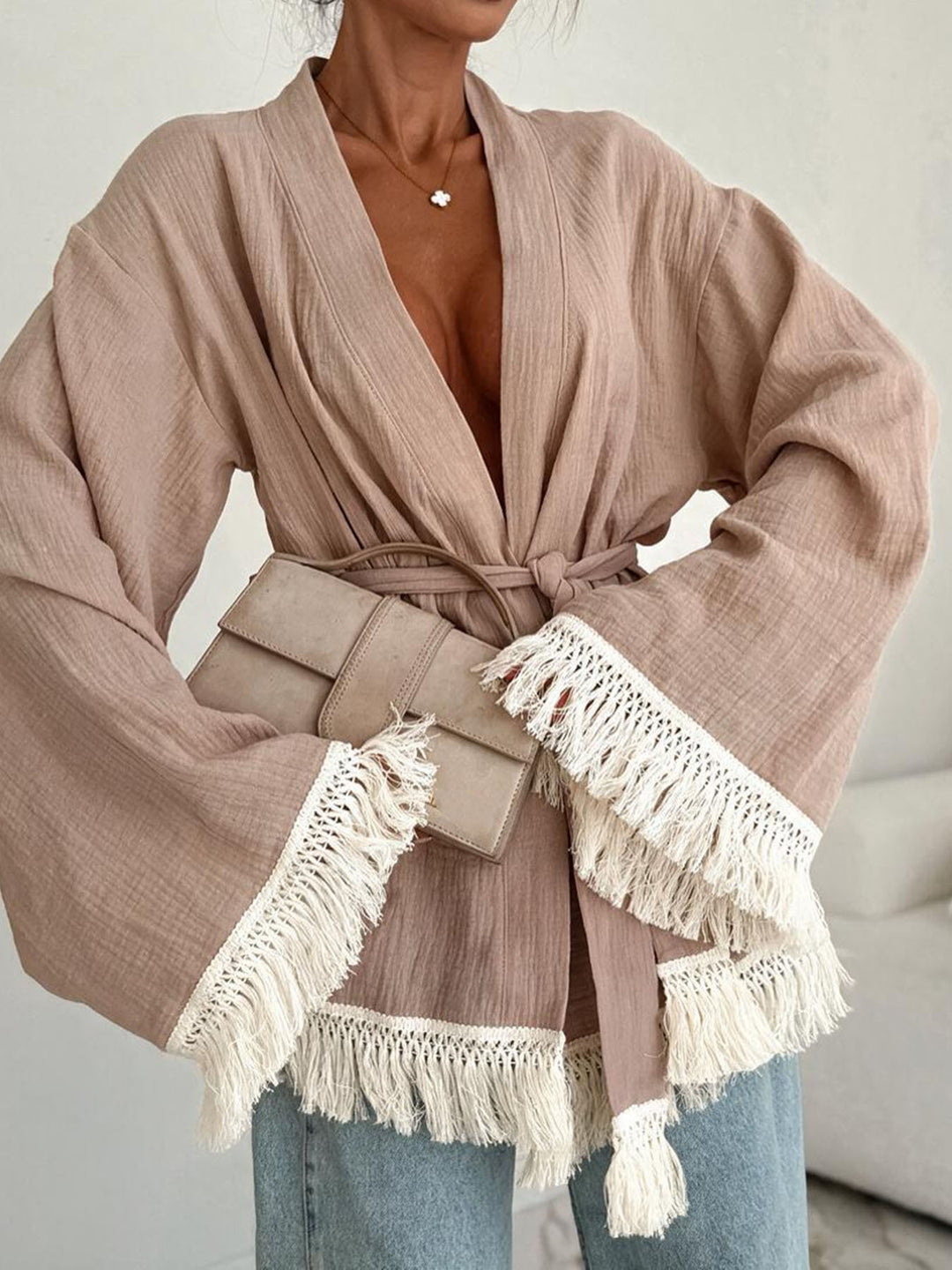 Damen Fransen-Kimono-Jacke aus Leinenoptik mit Taillengürtel Nord Taschen