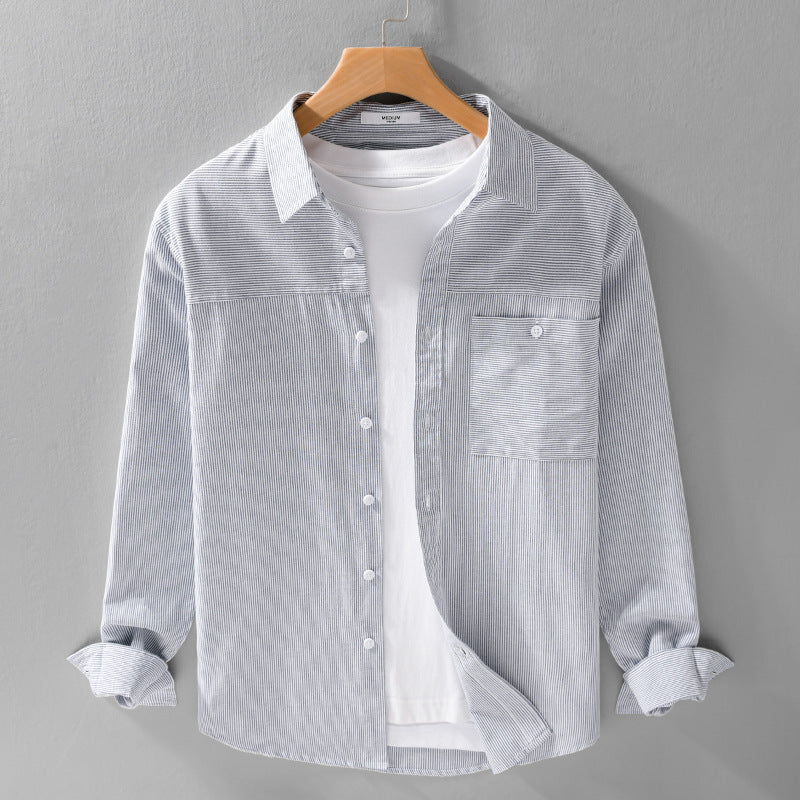 Herren Feines Nadelstreifen-Layering-Overshirt aus leichtem Baumwollmix mit aufgesetzter Brusttasche Nord Taschen