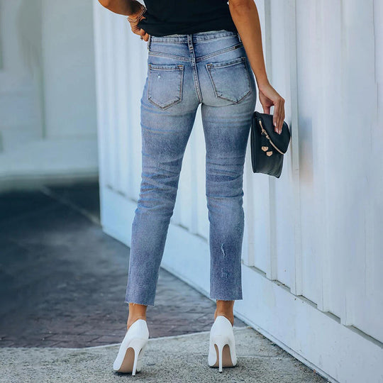 Damen Figurbetonte Hochtaillierte Knöchellange Jeans mit leicht ausgefranstem Saum Nord Taschen