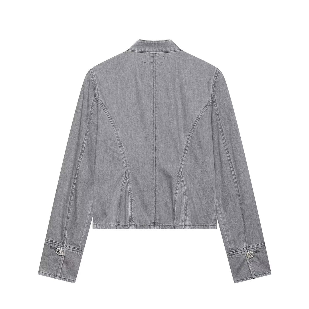 Damen Cropped Jeansjacke mit Mandarin‑Kragen und dekorativen Zierknoten Nord Taschen