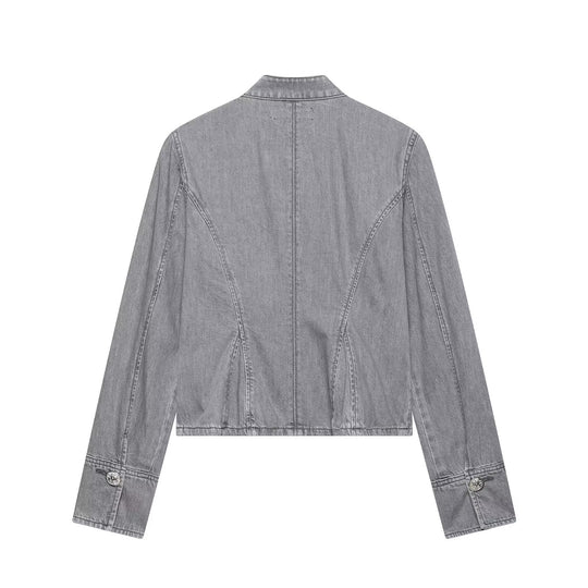 Damen Cropped Jeansjacke mit Mandarin‑Kragen und dekorativen Zierknoten Nord Taschen