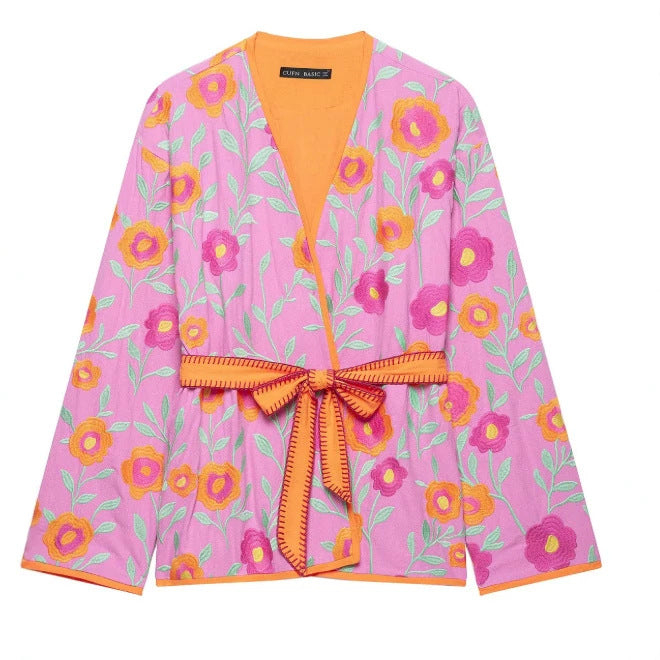 Damen Bestickte Kimonojacke mit Blumenstickerei, Bindegürtel und kontrastierendem Besatz Nord Taschen