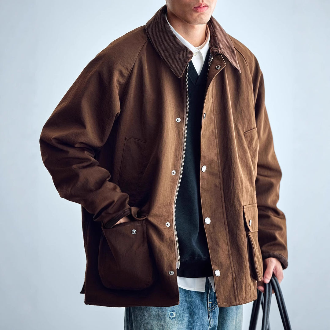 Herren Utility-Fieldjacke aus gewachstem Baumwollmix mit Cordkragen Nord Taschen