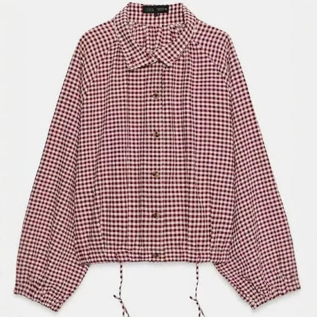 Damen Kurzblousonjacke im Vichykaro mit hohem Stehkragen und Tunnelzugsaum Nord Taschen