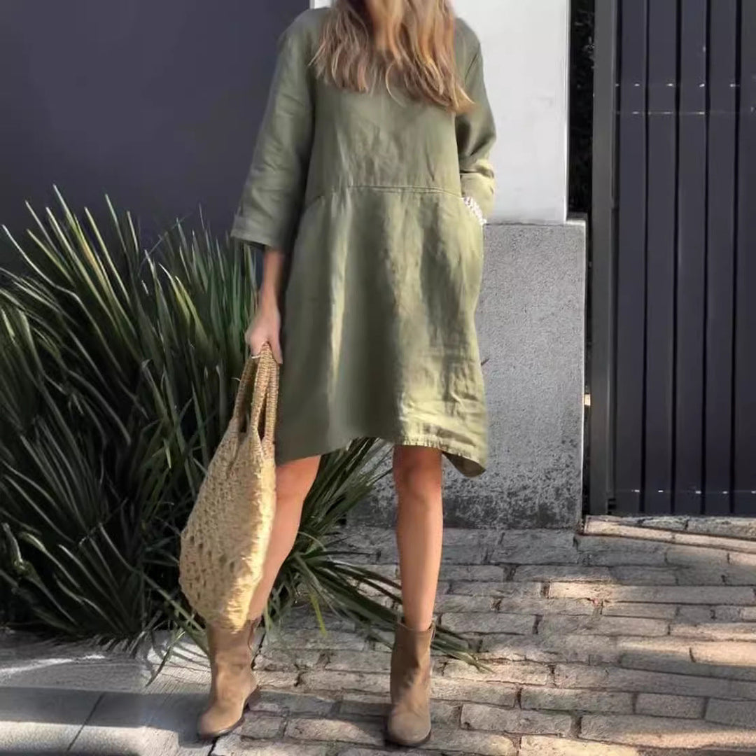 Damen lässiges Leinenkleid mit praktischen Taschen und asymmetrischem Saum
