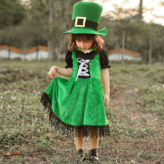 Mädchen Kostüm als irische Leprechaun mit voluminösem Rock und hohem Hut Nord Taschen