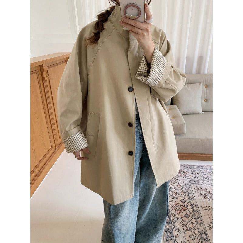 Damen Oversize-Mantel mit Stehkragen und kariertem Ärmelsaum Nord Taschen