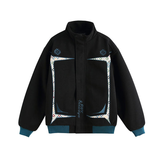 Damen Leichte Stehkragen-Jacke mit folkloren Stickapplikationen und gerippten Bündchen Nord Taschen