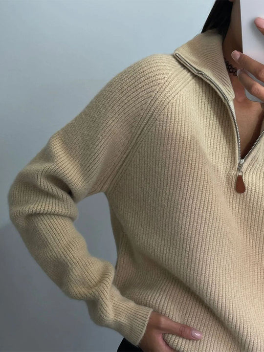 Damen Gerippter Wollmix-Pullover mit halbem Reißverschluss und weitem Stehkragen Nord Taschen