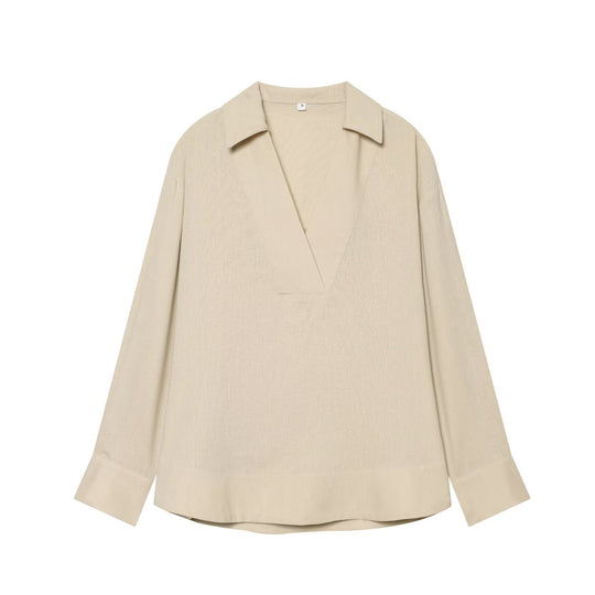 Damen Oversize Tunika‑Bluse mit tiefem V‑Ausschnitt und Hemdkragen Nord Taschen