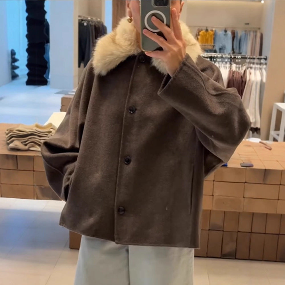 Damen Boxy-Cropped Wollmix-Jacke mit weichem Kunstpelz‑Schalkragen Nord Taschen