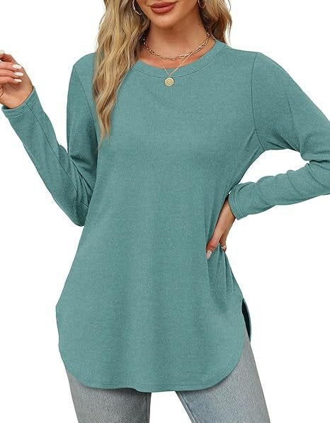 Damen Lässiges Longsleeve-Tunikaoberteil mit Rundhalsausschnitt, Seitenschlitzen und Aquarell-Blattprint Nord Taschen