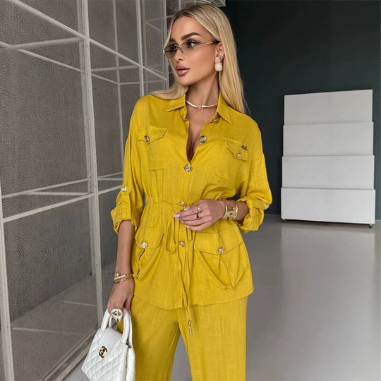 Damen Leinenoptik Utility-Hemdjacke mit Tunnelzugtaillierung und goldenen Zierknöpfen Nord Taschen