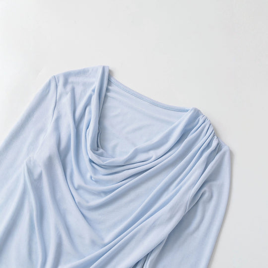 Damen Wasserfallkragen Langarmshirt mit Drapierung und taillierter Wickeloptik Nord Taschen