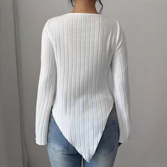 Damen Asymmetrischer Gerippter Feinstrickpullover mit V-Ausschnitt Nord Taschen