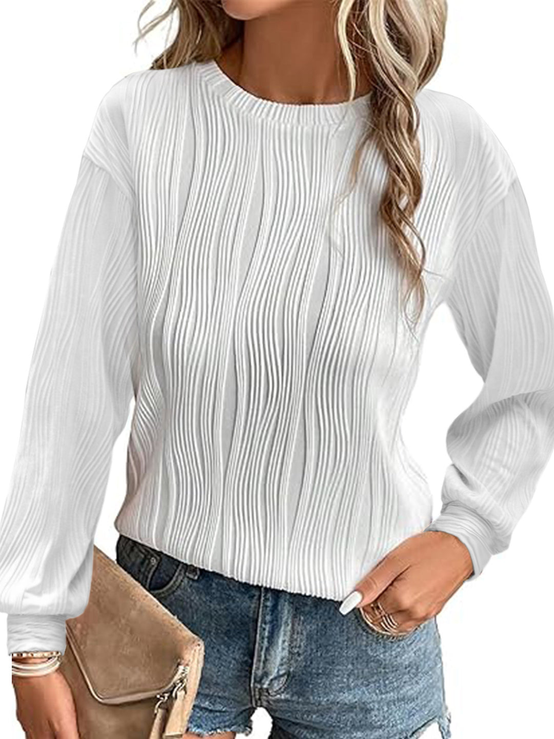 Damen Plissiertes Feinstrick-Longsleeve mit Rundhalsausschnitt Nord Taschen