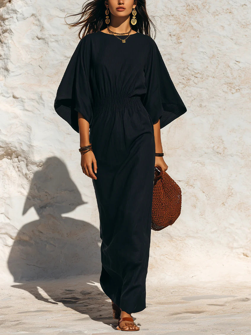 Damen Maxikleid mit Fledermausärmeln und geraffter Smock-Taillierung Nord Taschen