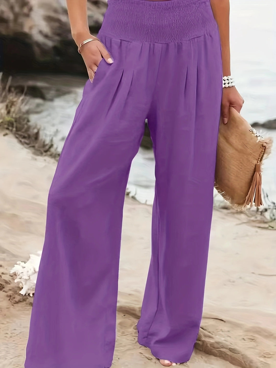 Damen Weite Leinenhose mit Smokbund und Eingrifftaschen Nord Taschen